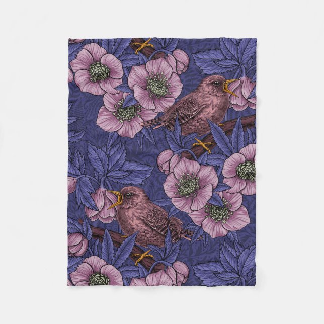 Wren and hellebore, violet and pink fleece blanket (Front)