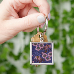 Wren and hellebore, violet and pink key ring