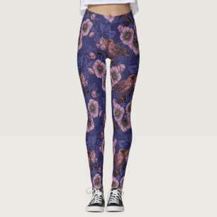 Wren and hellebore, violet and pink leggings
