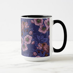 Wren and hellebore, violet and pink mug