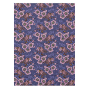 Wren and hellebore, violet and pink tablecloth