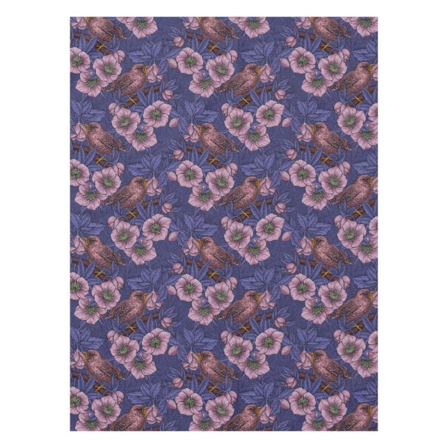Wren and hellebore, violet and pink tablecloth (Front)