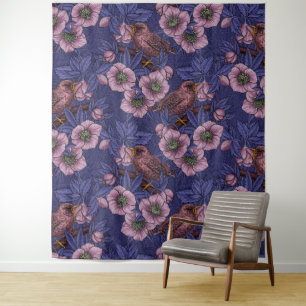 Wren and hellebore, violet and pink tapestry