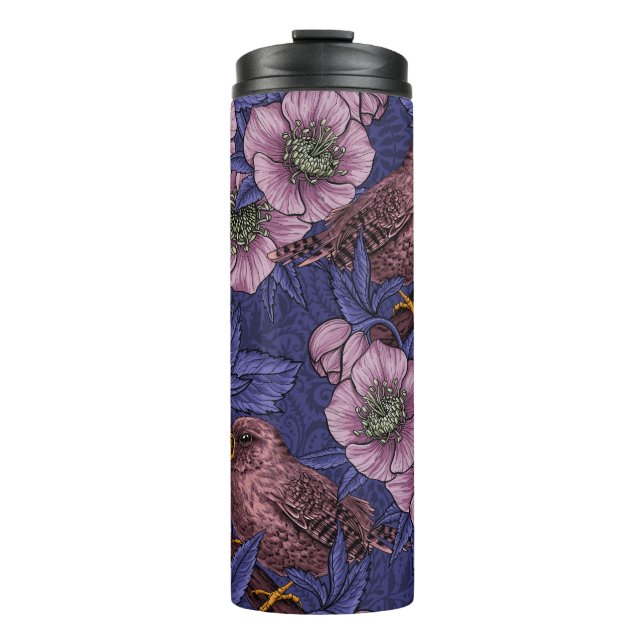 Wren and hellebore, violet and pink thermal tumbler (Front)