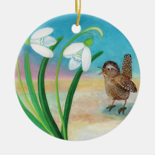 Wren Bird and Snowdrops  Ceramic Ornament