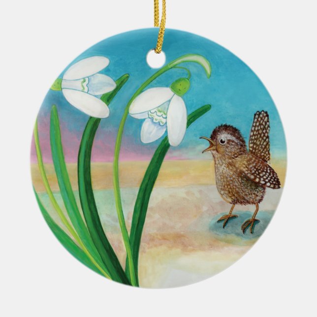 Wren Bird and Snowdrops  Ceramic Ornament (Front)