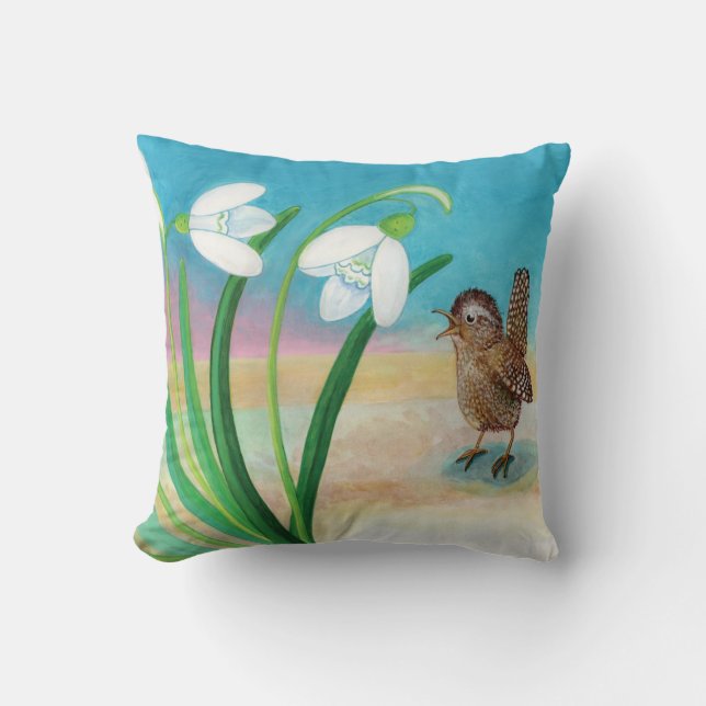 Wren Bird and Snowdrops  Cushion (Front)