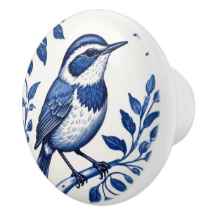 Wren Bird Delft Blue and White Floral Decorative Ceramic Knob