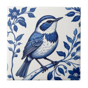 Wren Bird Delft Blue and White Floral Decorative Ceramic Tile