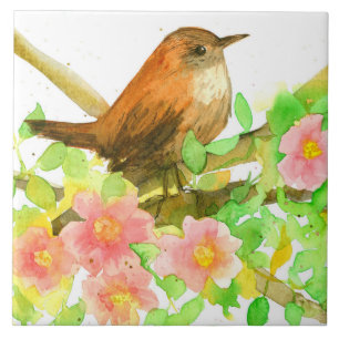 Wren Bird In Tree Rugosa Wild Pink Roses Botanical Ceramic Tile