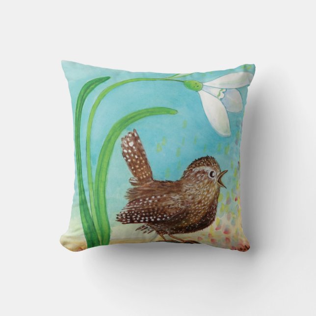 Wren Bird Sing at Dawn In the Spring   Cushion (Front)