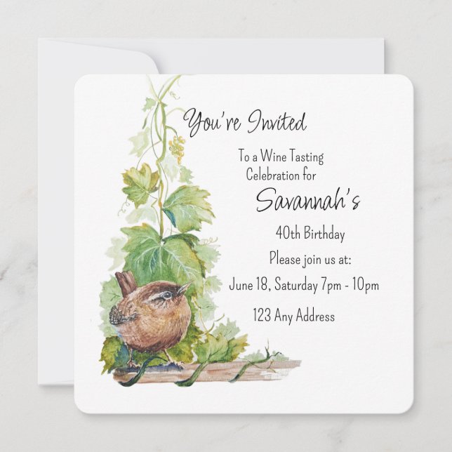 Wren Bird Vineyard Wine Tasting Birthday Invitation (Front)