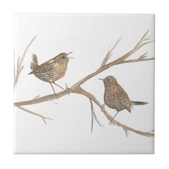 Wren Bird Wildlife Watercolor Art Cute Ceramic Tile (Front)