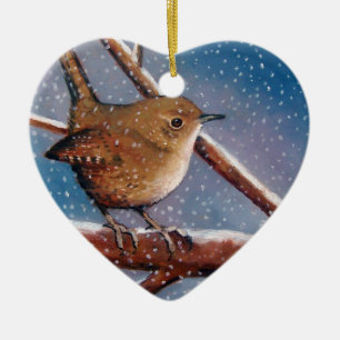 WREN IN WINTER: OIL PASTEL: BIRD ORNAMENT