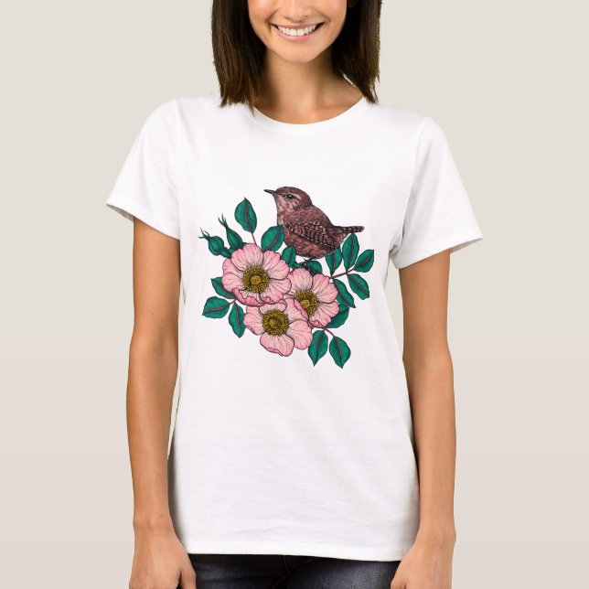 Wren on a dog rose T-Shirt (Front)