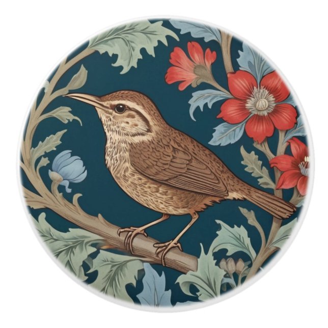 Wren William Morris style Left facing Bird Ceramic Knob (Front)
