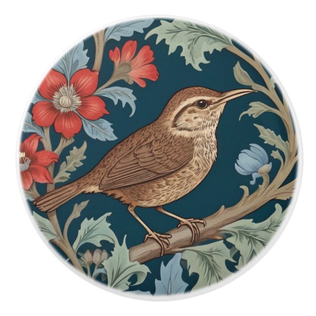 Wren William Morris style Right facing Bird Ceramic Knob (Front)