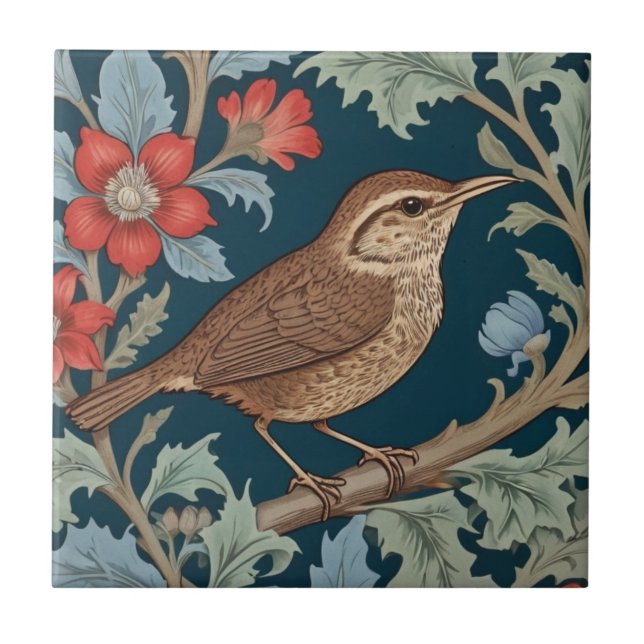 Wren William Morris style Right facing Bird Ceramic Tile (Front)