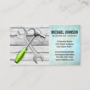 Wrench Hammer   Wood Background   Building Business Card