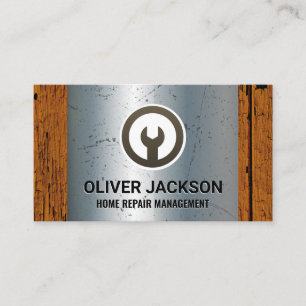 Wrench Icon   Metallic and Old Wood Business Card