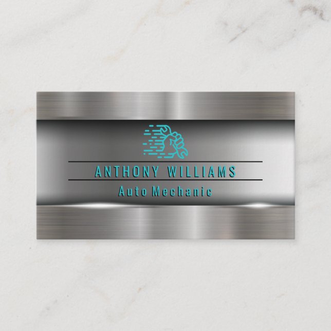 Wrench in Hand Metallic Brushed Industrial Business Card (Front)