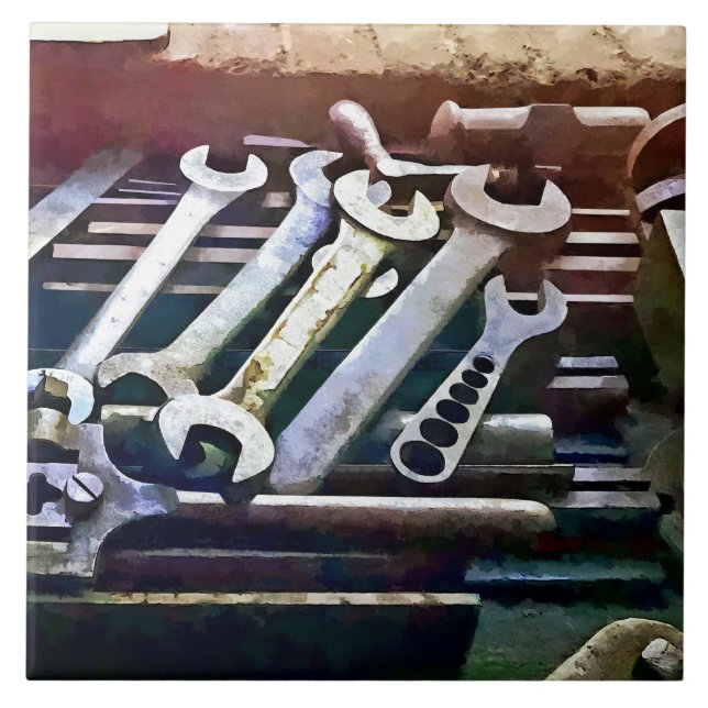 Wrenches in Machine Shop Ceramic Tile (Front)