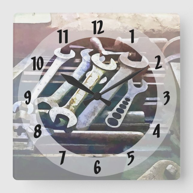 Wrenches in Machine Shop Square Wall Clock (Front)