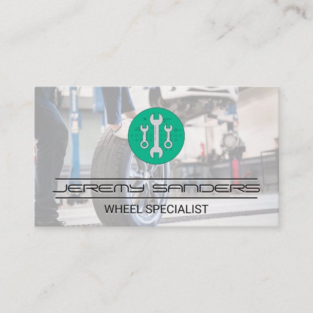 Wrenches | Man working on Tires Business Card (Front)