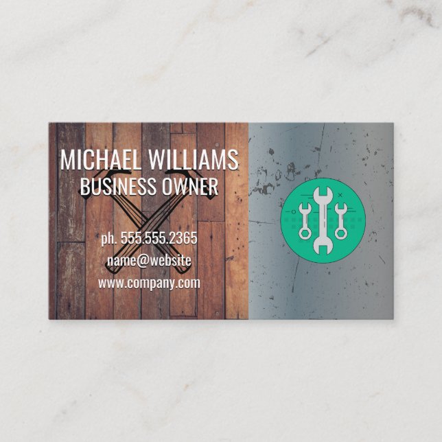 Wrenches | Wooden Background | Metallic Scratched Business Card (Front)