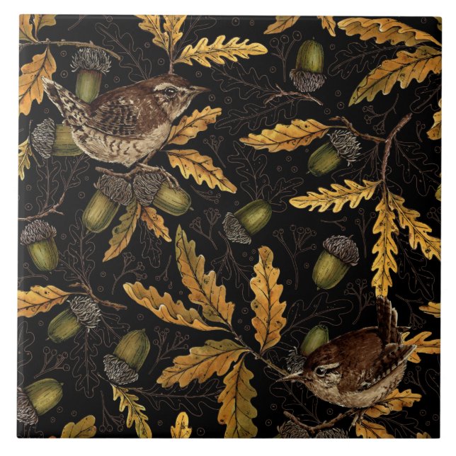 Wrens and acorns on black ceramic tile (Front)