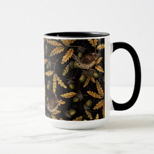 Wrens and acorns on black mug