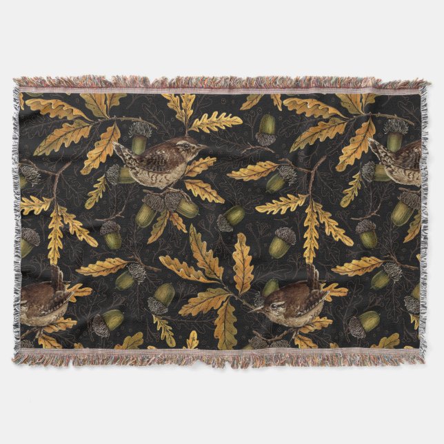 Wrens and acorns on black throw blanket (Front)