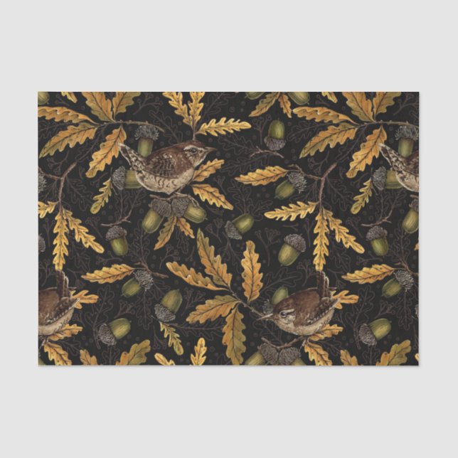 Wrens and acorns on black tissue paper (Front)