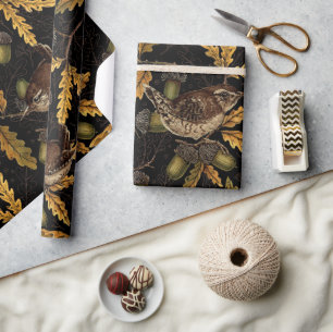 Wrens and acorns on black wrapping paper