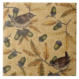 Wrens and acorns on honey ceramic tile