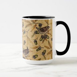 Wrens and acorns on honey mug