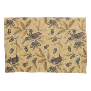 Wrens and acorns on honey pillowcase