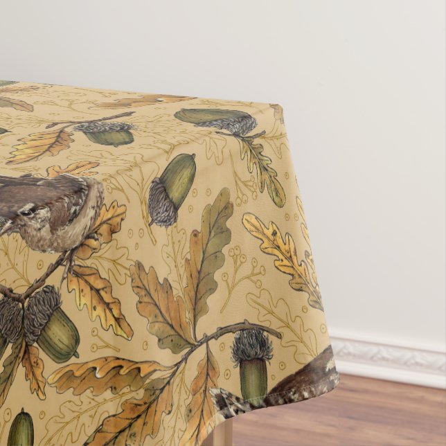 Wrens and acorns on honey tablecloth (In Situ)