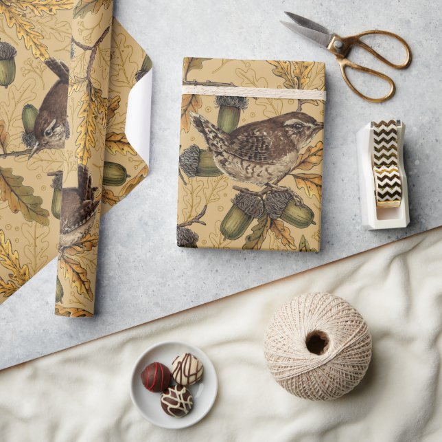 Wrens and acorns on honey wrapping paper (Crafts)