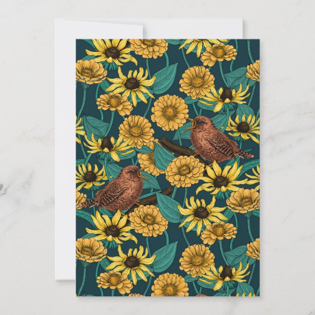 Wrens and flowers on dark blue (Front)