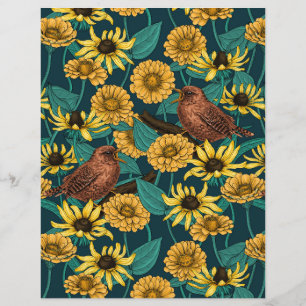 Wrens and flowers on dark blue