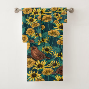 Wrens and flowers on dark blue bath towel set