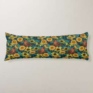 Wrens and flowers on dark blue body cushion