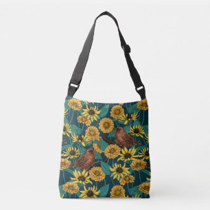 Wrens and flowers on dark blue crossbody bag
