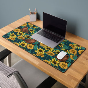 Wrens and flowers on dark blue desk mat