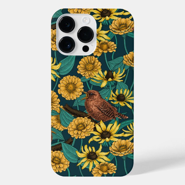 Wrens and flowers on dark blue iPhone case (Back)