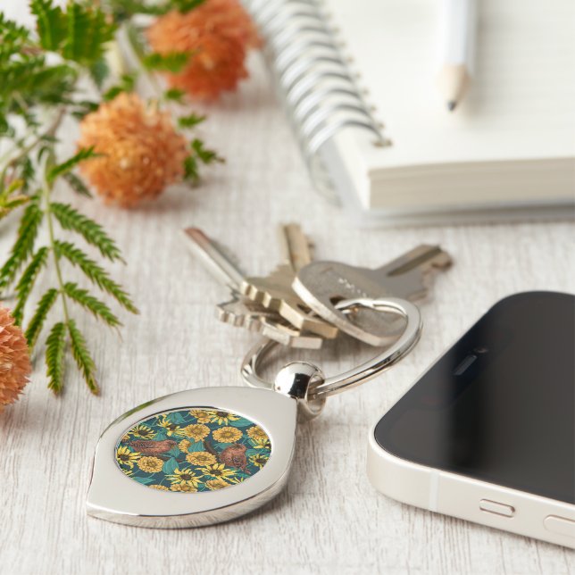 Wrens and flowers on dark blue key ring (Side)