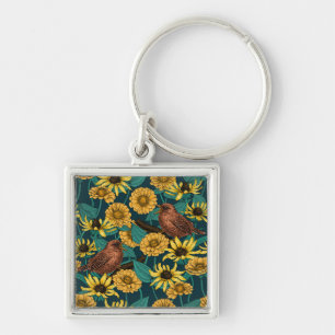 Wrens and flowers on dark blue key ring