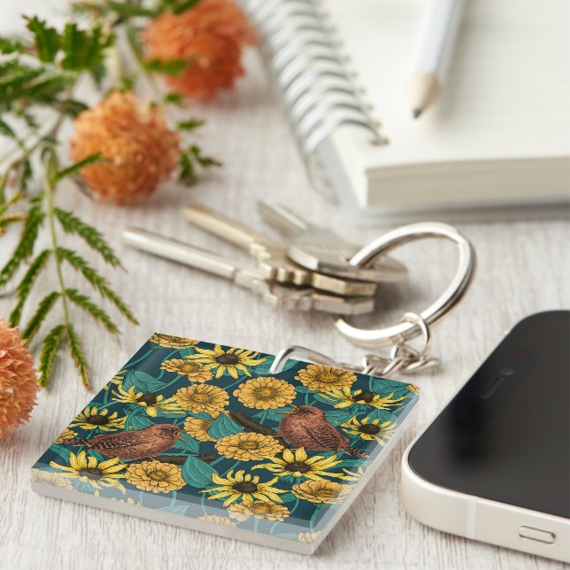 Wrens and flowers on dark blue key ring (Front Right)