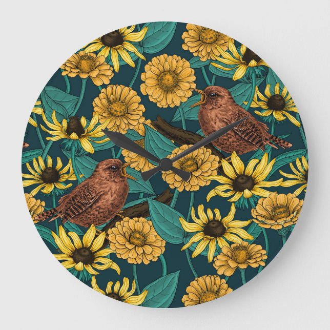 Wrens and flowers on dark blue large clock (Front)